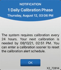 Notification screen displays a calibration reminder for August 12, 03:06 PM, needing next calibration by August 13, 02:51 PM.