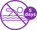 Purple icon of a swimmer crossed out, indicating "No Swimming," with text "5 days" in a circular background.